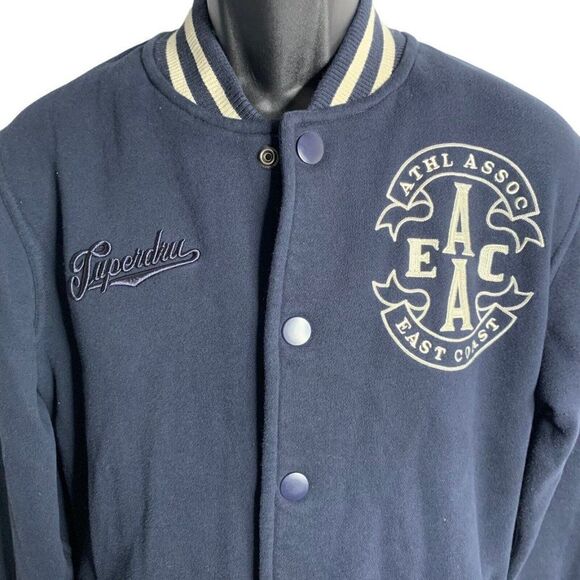 Superdry Varsity Bomber Jacket L Blue Embroidered Snaps Pockets Fleece Lined - Picture 2 of 8